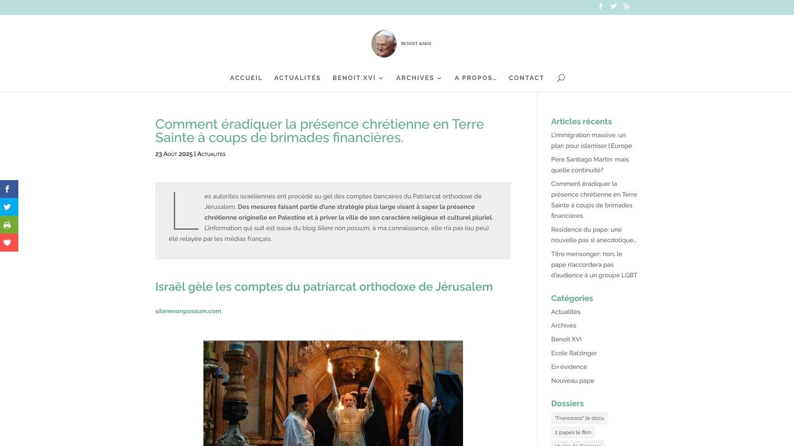 Israel congela las cuentas del Patriarcado Ortodoxo en Jerusalén y desata polémica
