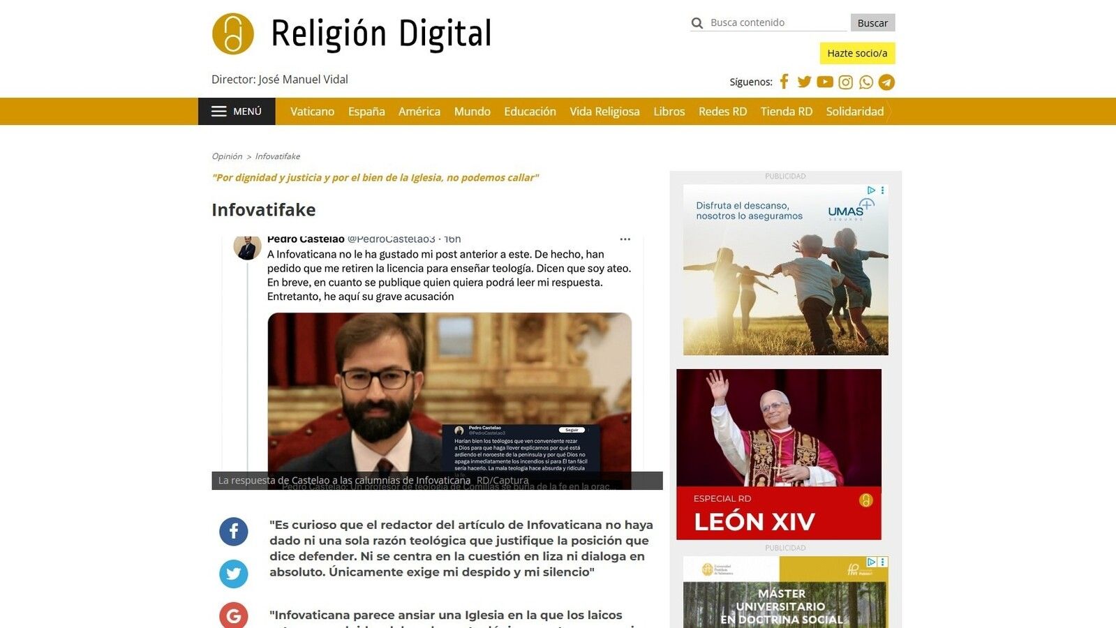 Teólogo Castelao desafía a Infovaticana por tergiversar su crítica teológica