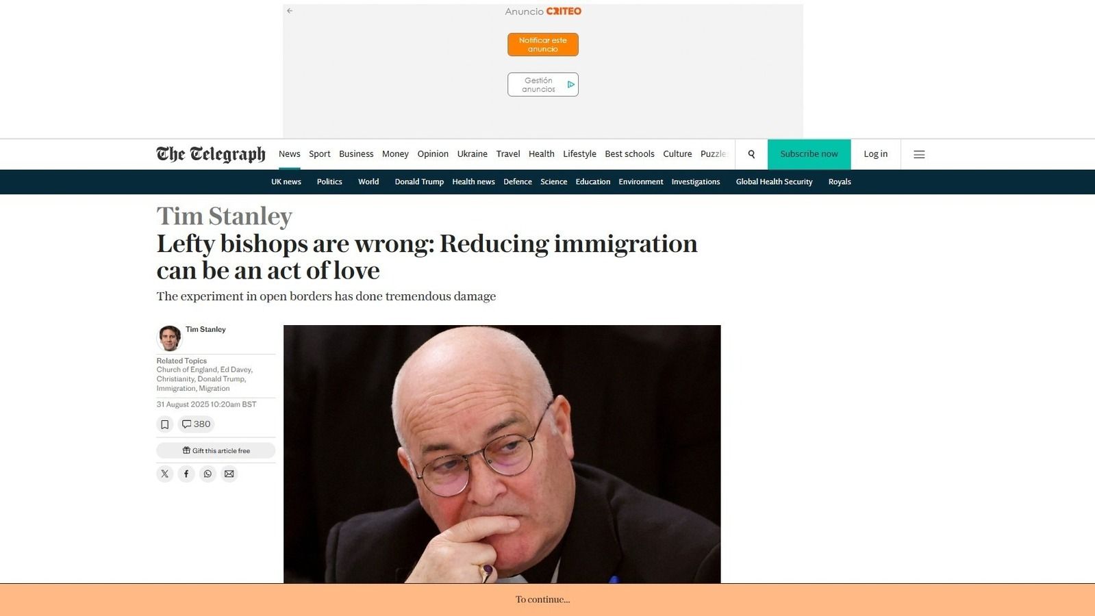 Tim Stanley acusa a los obispos de trivializar el Evangelio con su visión migratoria