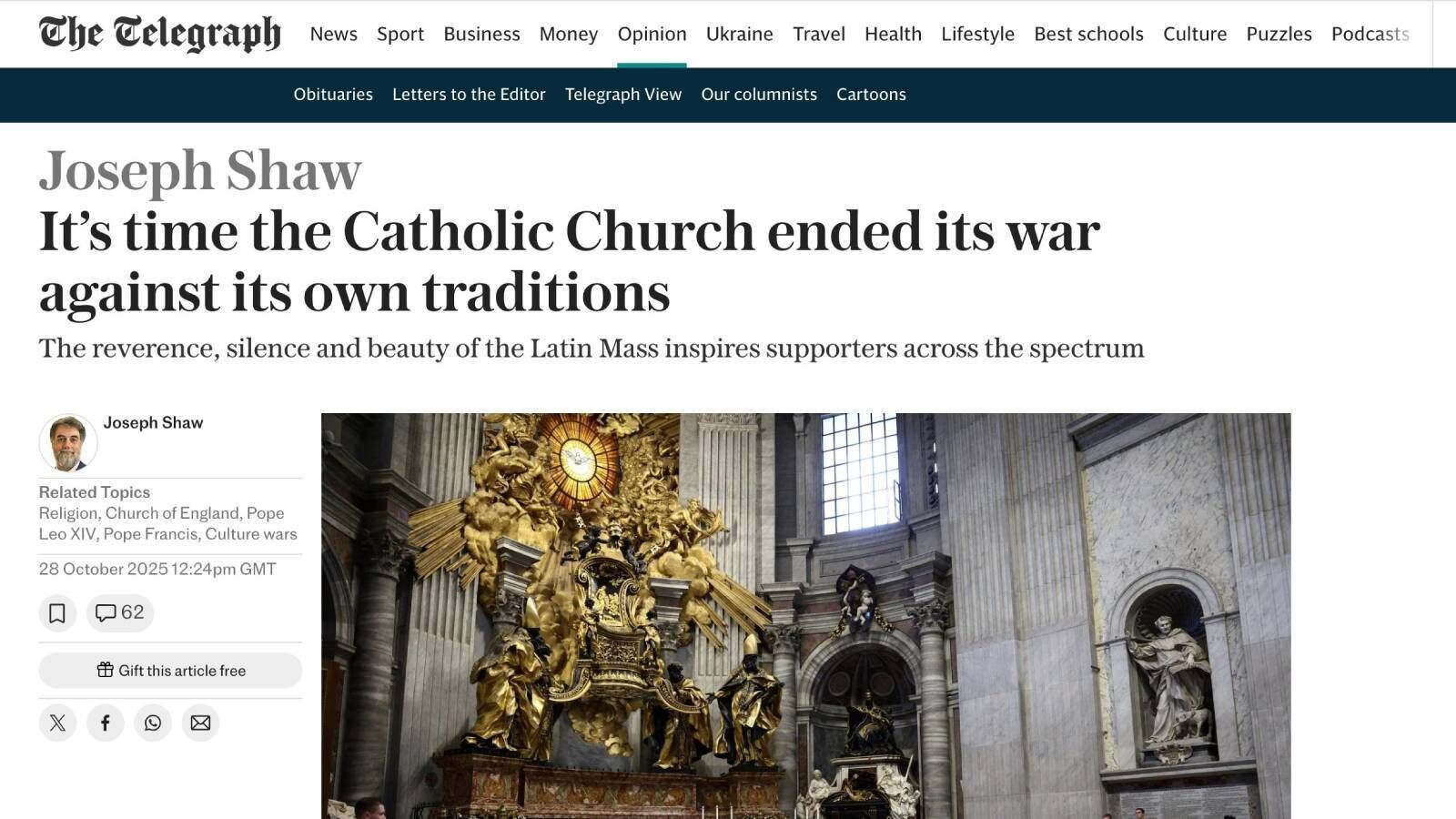 Joseph Shaw: La Iglesia Católica debe abandonar la lucha contra sus tradiciones litúrgicas