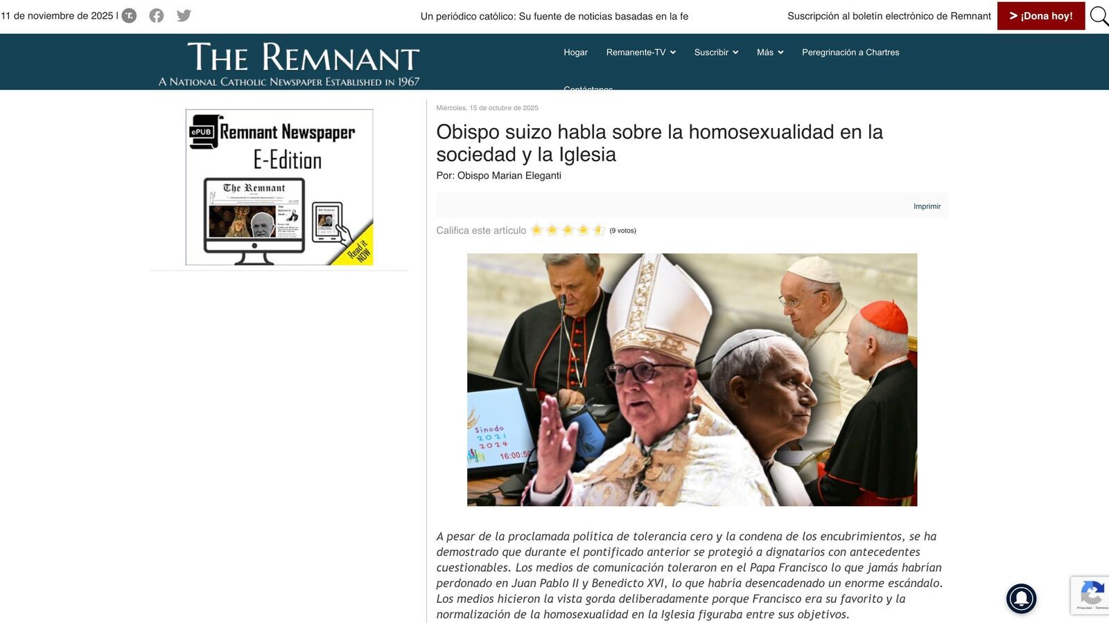 El obispo Eleganti denuncia el silencio del Vaticano ante la “normalización” de la homosexualidad en el clero