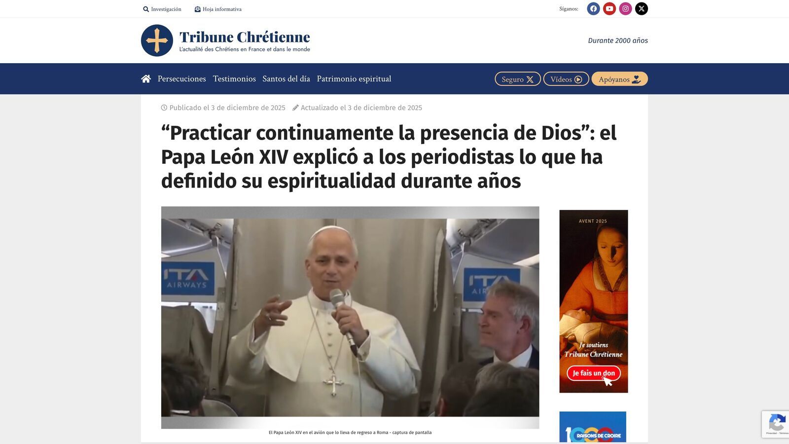 León XIV revela que “la práctica de la presencia de Dios” guía su vida interior