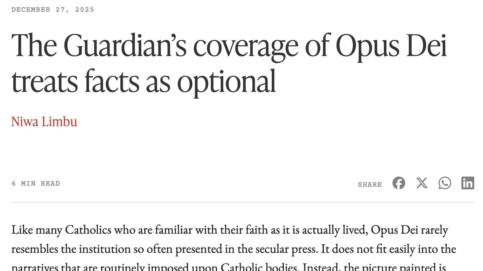 The Guardian amplía una acusación no verificada contra el Papa y el Opus Dei