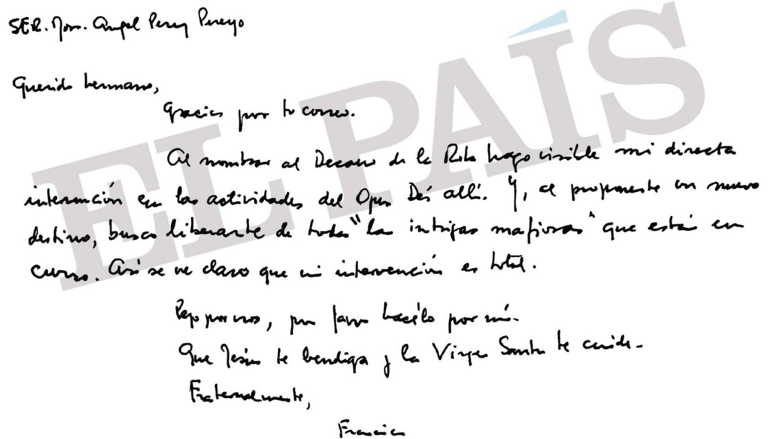 Carta de Francisco a Pérez Pueyo de octubre de 2024 difundida por El País